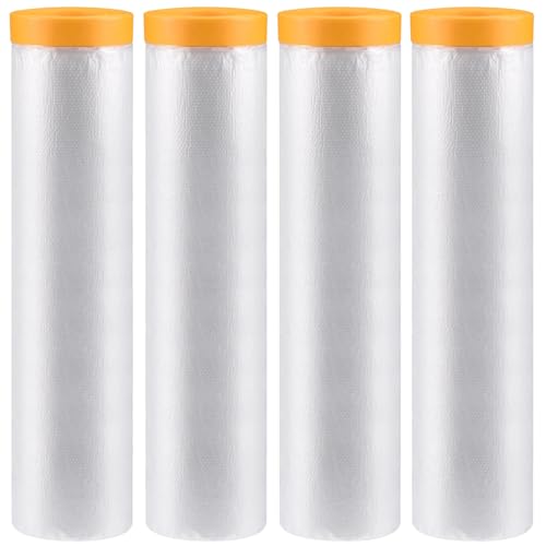 LCOUACEO 4 Rollen Abdeckfolie mit Klebeband, 2,4m x 20m Abdeckfolie Maler Transparent Abklebeband mit Folie zum Staubschutz, Selbstklebende Malerfolie Für Möbel Auto Boden Wand Malerei Abdeckung