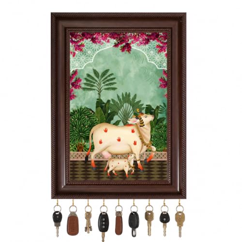 Image of Pichwai Cow Key Holder for Wall | 9 Hooks Decorative Key Rack & Organizer | Traditional Indian Art Wall Decor | Premium Key Hanger | Key Organizer for Home, Entryway & Office
