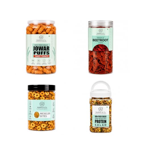 Image of WellNuts & Co. Healthy Snack Combo Pack of 4 |Jowar Puffs Tangy Tomato - 200g, Masala Beetroot Chips - 150g, Mexican Bites - 200g, Protein Salad - 425g| Roasted & Ready to Eat Snacks | High Protein & High Fiber Combo | Snacks for Healthy Everyday