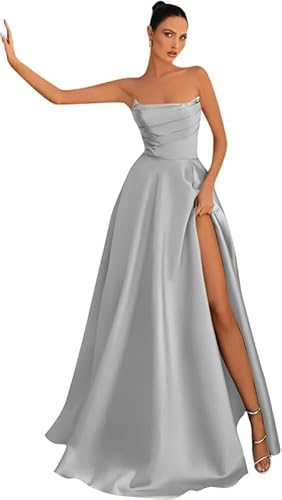 Neejafrog Strapless Satin Prom Dresses with Slit Sleeveless Ruched Long Prom Ball Gown Sexy A Line Formal Evening Party Bridal Wedding Dress Silver