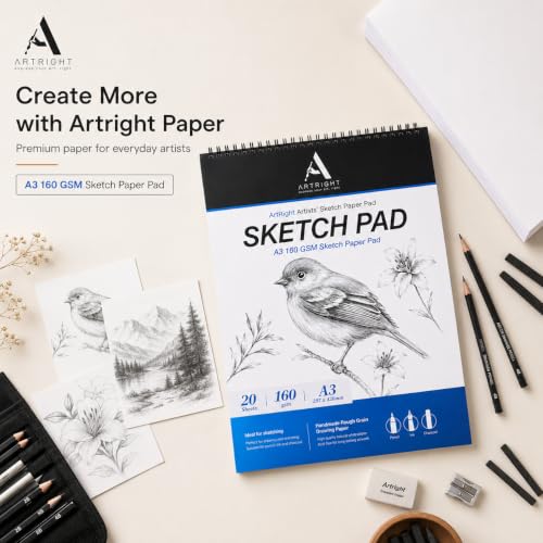 Image of ArtRight Artists' Sketch Paper Pad A3 160 GSM - 20 Sheets of Handmade Rough Grain Drawing Papers, Ideal for Artist, Professional Drawing, Painting Dry & Wet, Fine Art, School, Student