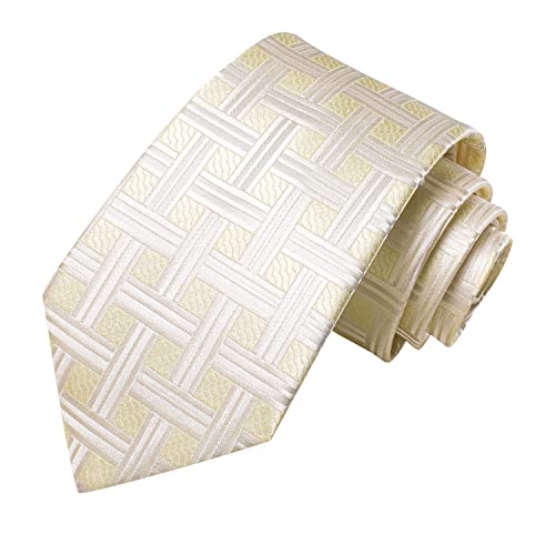 Image of Hi-Tie Beige Yellow Plaid Men's Dress Tie Sets Silk Woven Neckties and Pocket Square Lapel Pin Silver Tie Clip Cufflinks Set Wedding Business 6PCS