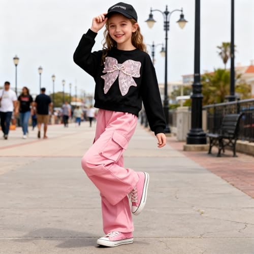 Image of Girls Clothes 2 Piece Cute Butterfly Sweatshirt & Flared Pants /Cargo Pants Winter Outfits for Teen Girls 7-14Y
