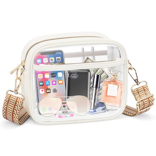 KETIEE Clear Bag for Stadium Events: Clear Crossbody Bag Stadium Approved Clear purses for Women with Adjustable Detachable Strap & Mesh Pounch for Concerts Football Games(Beige)