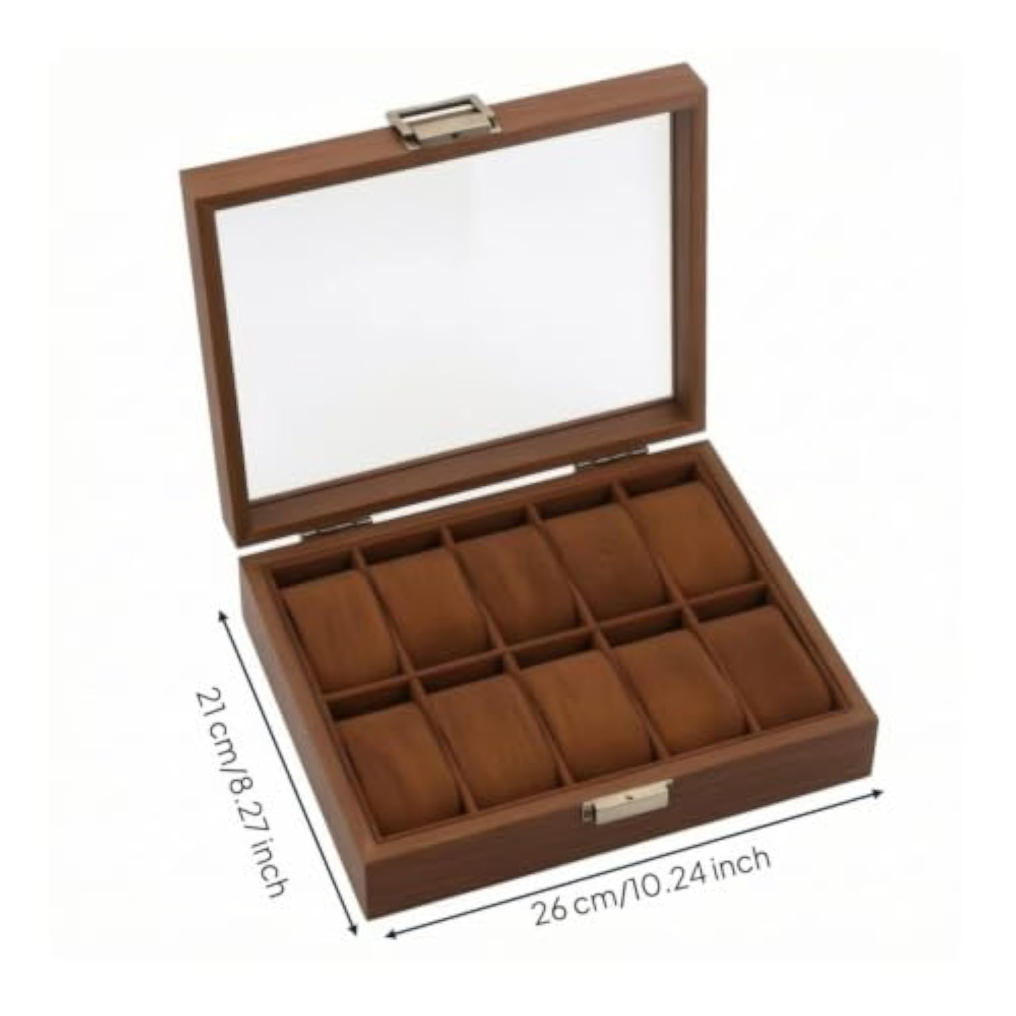 Walnut Watch Display Case with Glass Lid, 10 Slot Storage