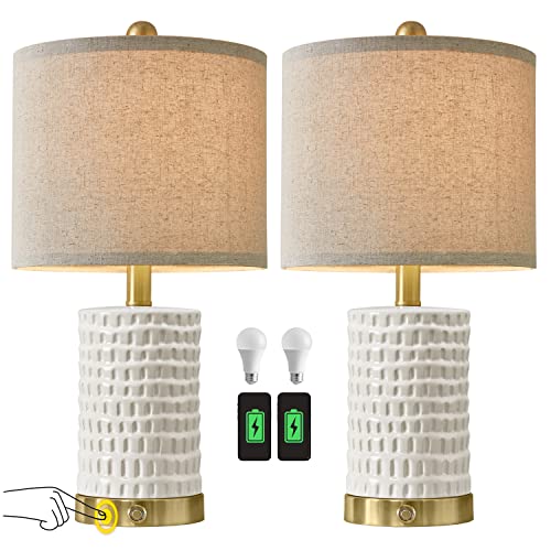 Portres 19’’ Farmhouse 3-Way Dimmable Touch Ceramic Table Lamp Set Of 2 For Bedroom White Bedside Lamps With 2 Usb Charging Ports For Living Room Nightstand Lamp End Table Lamps(2 Bulbs Included) #TOP4