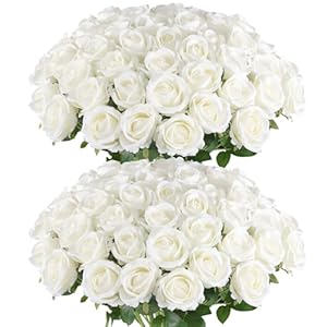 Hananona Artificial Roses in Bulk, Fake Velvet Silk Roses Realistic Rose for Wedding Centerpieces Flower Arrangement Home Decor (50, White)