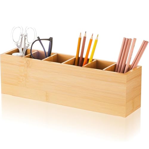 Astralong Portalapices Escritorio de Madera, 6 compartimentos, Portalápices de Madera Cuadrado, Separadores extraíbles, Organizador de portalápice Escritorio para Lápices(13.3x3.1x3.8inch)