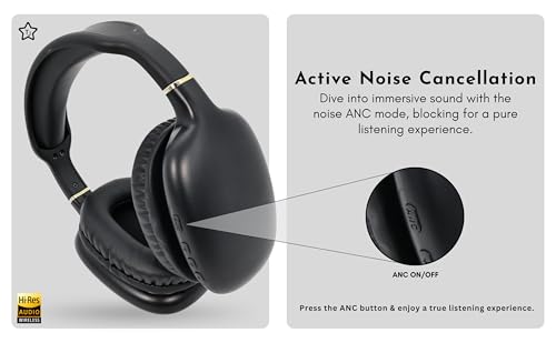 TJ Active Noise Cancellation Bluetooth Over Ear Headphones | Supersoft Leather Wireless Headset Wired Built-in MIC 24H Playtime High Res Audio Travel/Work/Students/Running/Gym(Black)