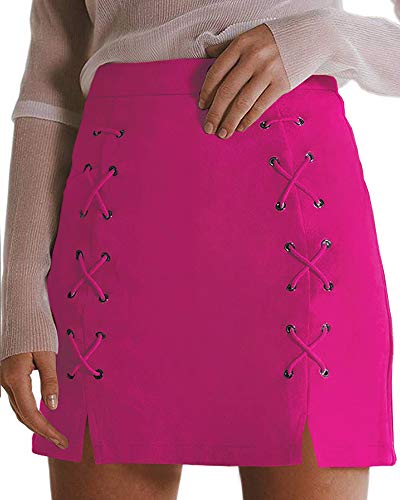 Image of MANGOPOP Women's Classic High Waist Lace Up Bodycon Faux Suede A Line Mini Pencil Skirt (Rose Pink, XX-Large)