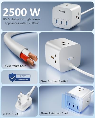 Image of FEDUS Surge Protector, 3 Way Cube Shape Universal Sockets with USB Port Type A & C, 6 Feet Long Cable, Extension Board Cord Overload Protection, Fireproof Power Strip Switch Board, Spike Guard