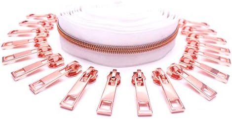 Goyunwell #5 White Zipper Tape by The Yard Nylon Coil Zippers for Sewing 10 Yards with 20 Pcs Rose Gold Pulls Zipper by The Yard Roll for Tailor Craft