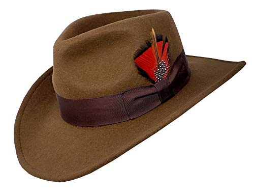 Different Touch Indiana Jones Outback Cowboy Crushable Wool Fedora Hats with Removable Feather (Brown, S)