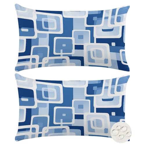 Housse de coussin d'extérieur 30x50 cm bleu imperméable en lin géométrique pour terrasse