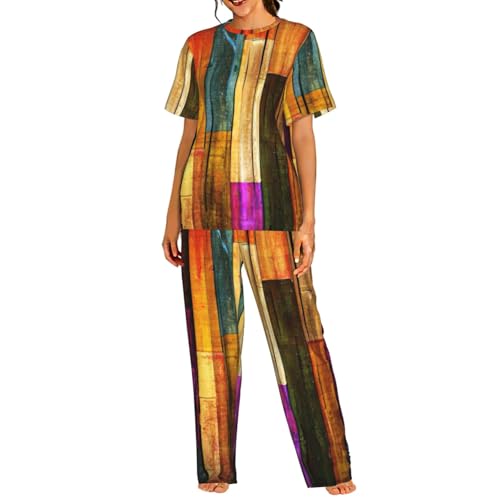 Pyjama court femme léger anti-chaleur à manches courtes imprimé bois