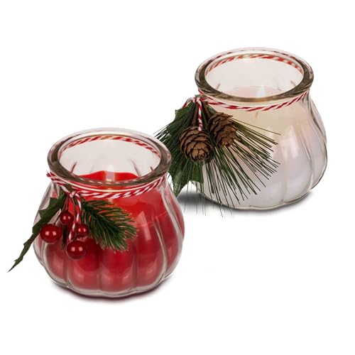 Weihnachtliche Kerzen im Glas mit Dekoration - 2 Stück (weiß + rot)...