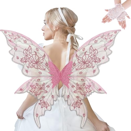 NUVCELKA Large Fairy Wings Adult Women, Butterfly Organza Angel Wings with Lace Gloves, Halloween Costume Cosplay Party (Pink)