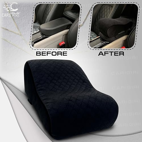Image of Carigiri ComfiRest Car Armrest Cushion| Memory Foam Arm Cushion| Universal for All Cars| Armrest Support Extender| Height Armrest Pad(Black Seam,Breathable Velvet,Dual Mobile Pocket)