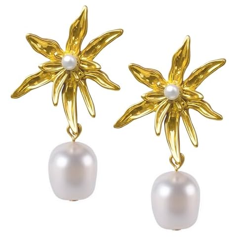 18K Gold Plated Flower Earrings, Freshwater Pearl Drop, 925 Sterling Silver Posts, Elegant Jewelry for Women Cover