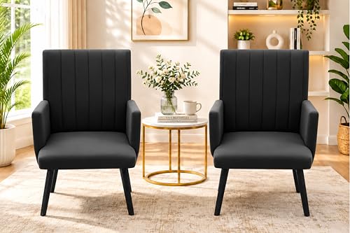 Image of Rosebell Modern Velvet Office Chairs Set of 2 with Armrests & Metal Legs | Upholstered High Back Leisure Chairs for Living Room, Bedroom, Office, Cafe & Dining Room | Black