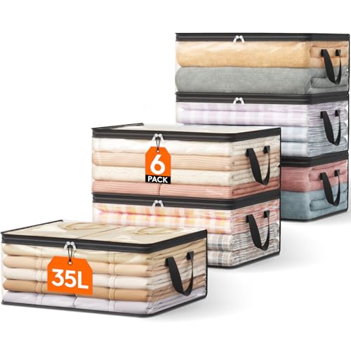 Lifewit 6 Pack Clear Clothes Storage Bags, 35L Plastic Vinyl Foldable Moving Bags with Zipper and Reinforced Handles, Closet Organizers and Storage Containers for Blanket, Sweaters, Coats, T-shirts