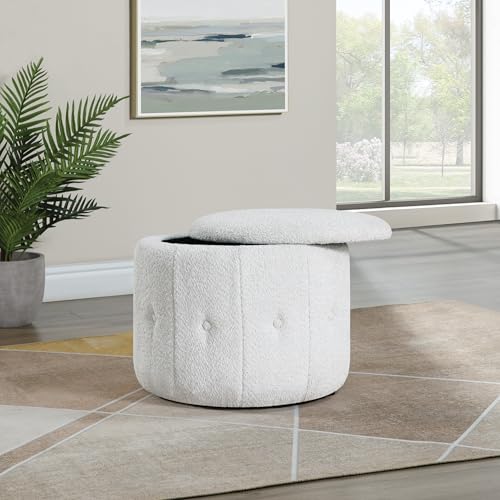 OSP Home Furnishings Brayfield Round Upholstered Storage Ottoman, Sherpa Parchment Fabric
