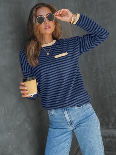 Image of LILLUSORY Womens Striped Soft Knit Pullover Sweater Loose Fit Shirts with Chest Pocket