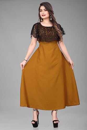 Image of Women's Poly Crepe Round Neck Plain Gown Dress