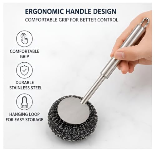 Image of Stainless Steel Wool Scrubber Set, One Scrubber with Handle and One Long-Handled Brush, for Cleaning Tableware and Cooking Tools