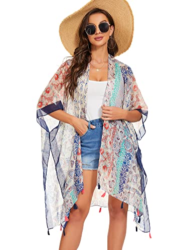 Image of Breezy Lane Women's Kimono Cardigan Summer Swimsuit Coverups Beach Cover Up with Floral Print for Vacation