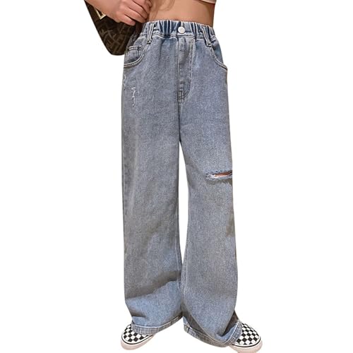 Girls Ripped Baggy Jeans Distressed Washed Wide Leg Denim Pants Casual Loose Button Trousers High Elastic Waist Pants2