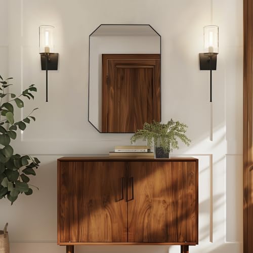 Image of ANDY STAR Black Octagon Bathroom Mirror, 24x36 Inch Stainless Steel Metal Frame, Anti-Rust, Shatterproof HD Glass, Wall Mounted for Bathroom, Bedroom, Living Room