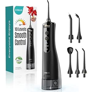 COSLUS E40 Portable Water Flosser for Teeth: 10 Pressure Settings Professional Water Dental Pick for Orthodontic, Braces & Sensitive Gums - Cordless for Travel Use, for Adults Teens, BPA-Free