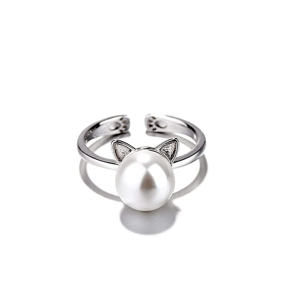 Anello Aperto Regolabile Con Gatto E Perla Finta - Gioiello Delicato Per Ragazze E Donne - 4