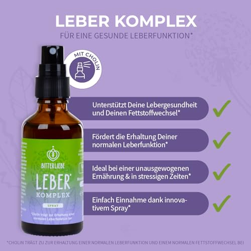 BitterLiebe® Leber* Komplex Spray - Leberkur*, natürliche Unterstützung der Leberfunktion* mithilfe von Cholin - hochdosiert mit Mariendistel Artischocke Löwenzahn und Bitterstoffen