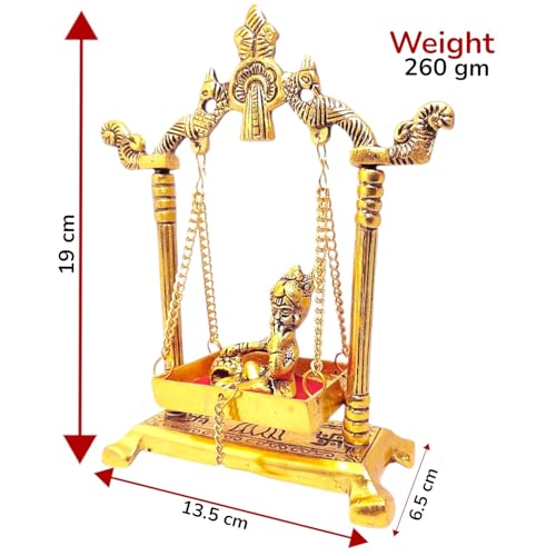 Image of KridayKraft Laddu Gopal on Jhulla Palana Metal Statue Gold Plated Decor Your Home,Office Metal Krishna Murti,Showpiece Figurines,Religious Idol Gift Article.