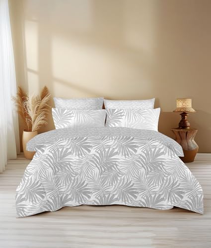 Image of LANE LINEN 400TC Morrison Bloom Super King Size Bedsheet with 4 Pillow Cases | 100% Cotton Digital Print Bedding Set (2.74 M x 2.74 M) | Modern Floral Pattern for Luxurious Comfort (Grey Leafs)