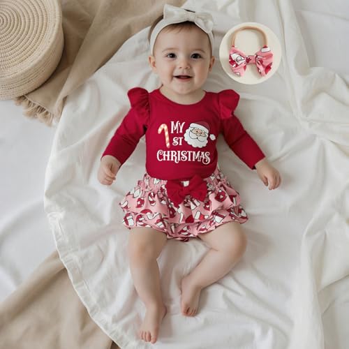 My First Christmas Baby Girl Outfit Letter Print Long Sleeve Romper Ruffle Short Set Headband Socks 4Pcs Xmas Clothes2