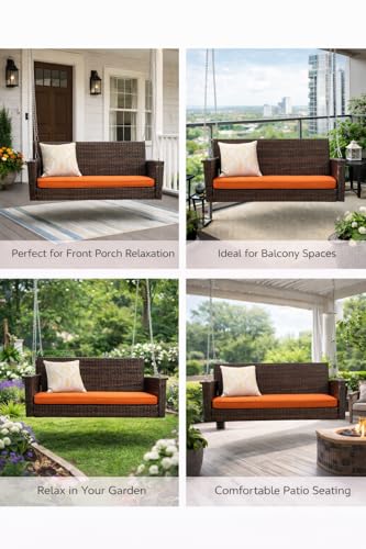 Image of Carry Bird Rattan Wicker Two Seater Swings with Cushion, Brown, 120x60x60 cm, Garden Porch Hammock for Adults (Orange Cushion, 2 Seater Prouch Swing, Leather Brown Prouch Swing)