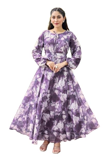 Purple Georgette Fabric with Crepe Lining for no Transparency Umbrella Pattern Gown Floral Print Bishop Sleeves with Elastic Cuffs Gown-image-14