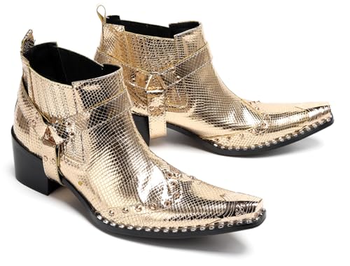 Santimon Chelsea Boots White Dress for Men Prom Casual Genuine Leather Pull Up Belt Buckle Metal Tip Ankle Boots Mens Fashion Tuxedo Wedding Ballroom Party Disco Western Cowboy Boots for Men4