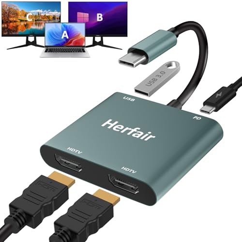 HDMI Splitter for Dual Monitors Extended Display 1 in 2 Out 4K USB C to 2 HDMI Adapter Extender for MacBook Laptop Support All Mode for Windows & ABB Extend/Mirror Mode for MacOS