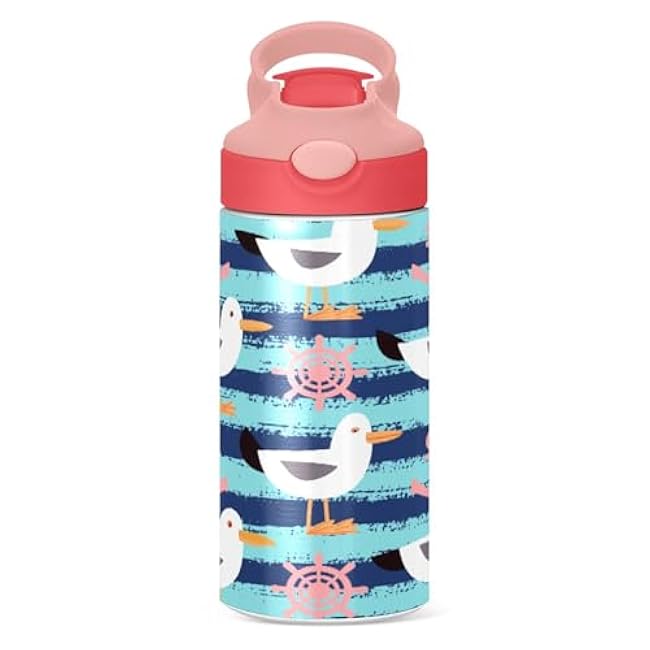 Kigai Seagulls Stripes Kids Water Bottle with Straw Lid for Girls Boys, Insulated Stainless Steel Water Bottles with Straw Lid for School Travel Camping Hiking, 12oz