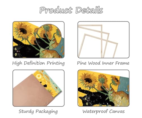 Piy Painting 3 Set Schwarze Katze Und Sonnenblume Leinwand Bilder Wohnzimmer Pflanzen Und Tiere Wandbilder Mit Rahmen Kunstdrucke Gemälde Wandkunst Leinwand Malerei Küche Schlafzimmer,30×40 cm