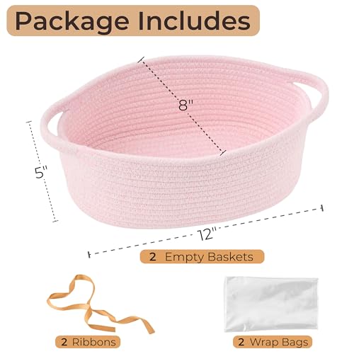 Image of 2-Pack Small Woven Gift Baskets Empty with Bags & Ribbons - Gifts for Father's Day, Baby Shower, Birthdays & Raffle - Cotton Rope Storage Basket for Dog Toys or Shelf - 12 inchx8 inchx5 inch, Light Pink