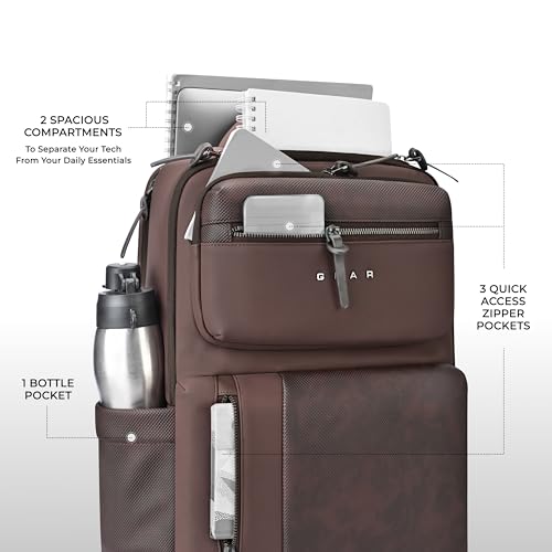 Image of Gear 9 to 5 17 inch /25L Medium Water Resistant Faux Leather Anti Theft Laptop Backpack | Casual Backpack | Travel Backpack for Men /Women (Brown - Brown)