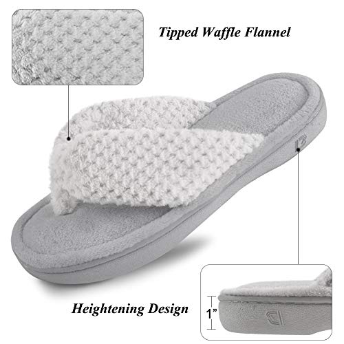 DL Women's Memory Foam Flip Flop Slippers with Cozy Short Plush Lining,Spa Thong Sandals Mules, Ladies' House Shoes with Indoor Outdoor Anti-Skid Hard Rubber Sole, Grey, Size 9-10