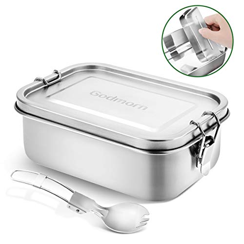 Godmorn Bento Box, Stainless Steel Lunch Box Metal Bento Box with Removable Divider, Dishwasher Safe, BPA-Free, Eco-Friendly, 800ml Snack Food Container with Spoon for Kids or Adults