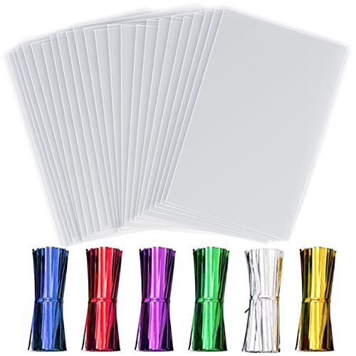 LEOSINDA 50 Pcs Clear Cellophane Bags 9 X 12 Inches Clear Cellophane Treat Bags with 6 Mix Colors Twist Ties for Gift Baskets Wedding Chocolate Party Favor Baby Showers Bakery Toy Wrapping