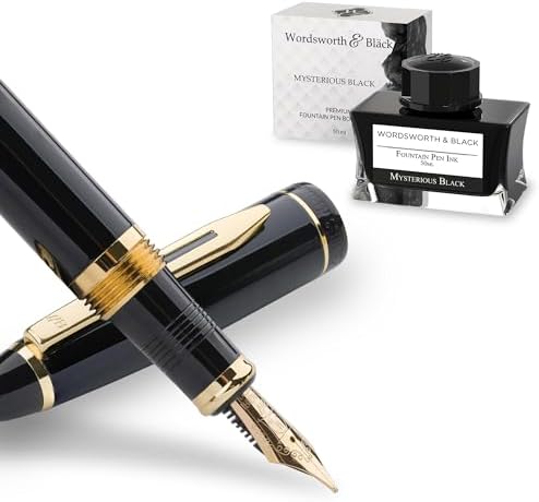 Wordsworth Black Fountain Pen Set, 18K Gilded Medium And Extra Fine Nibs, 6 Ink Cartridges And Refill Converter, Gift Case, Smooth Writing Pens [Silver Gold], Perfect For Men And Women - Color